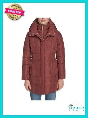 Taffeta Down Coat With Bib Front and Dramatic Hood - Long, Quilted, Loose Fit